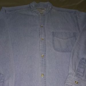 Shirt, denim, button front, mandarin collar